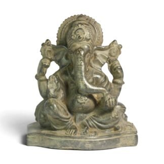 Front view of seated Ganesha resin statue with antique bronze finish