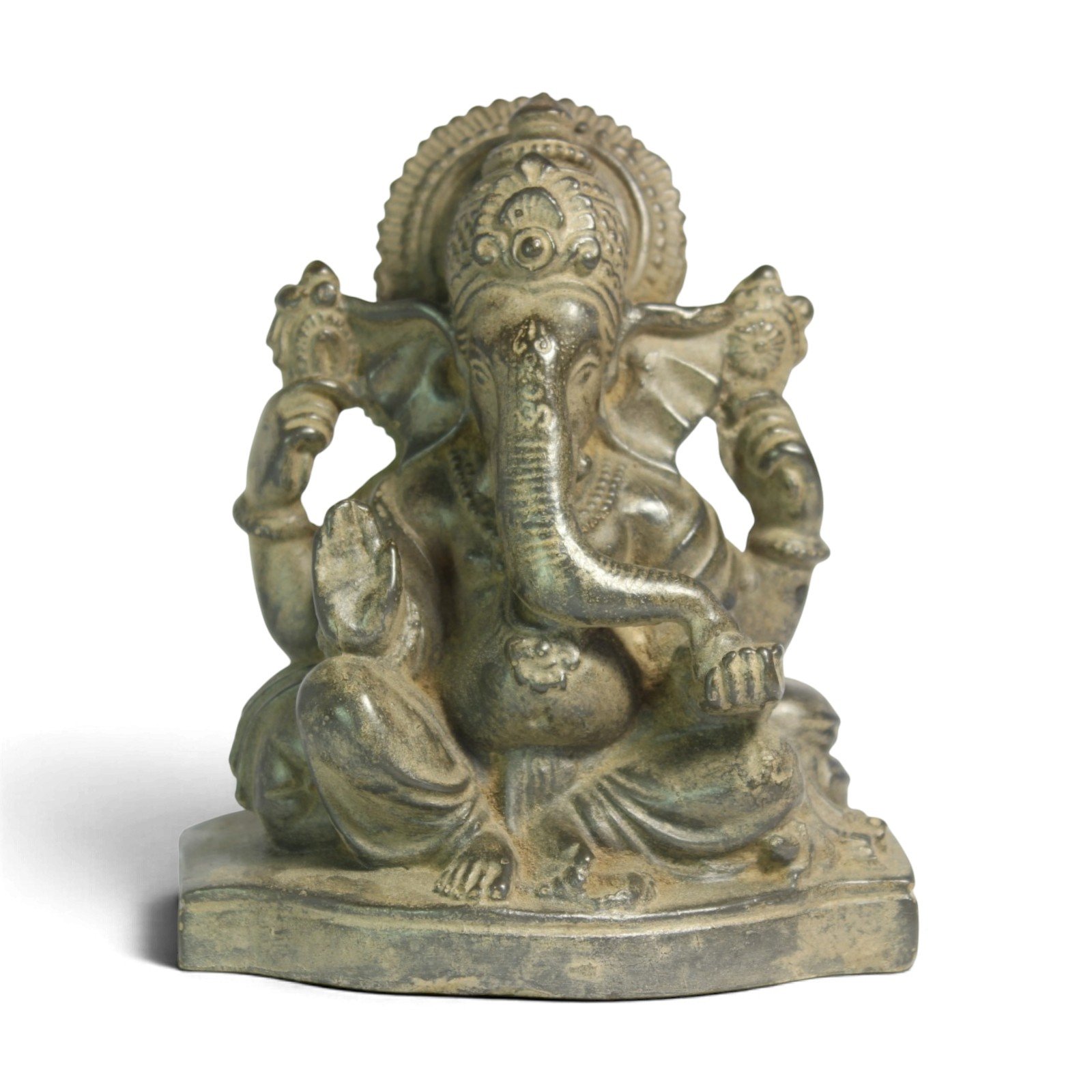 Front view of seated Ganesha resin statue with antique bronze finish