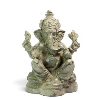 Front view of seated resin Ganesha statue with antiqued green-bronze finish