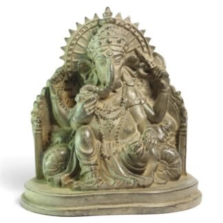 Front view of seated Ganesha resin statue with flame-shaped halo and lotus throne
