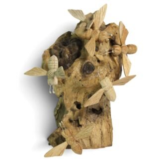 Hand-carved wooden bee cluster mounted on a gnarled parasite wood base, angled view