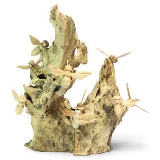 Twelve hand-carved wooden bees perched across a gnarled parasite wood base