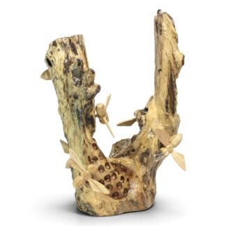 Hand-carved wooden bees perched on a tall parasite wood burl base, front view