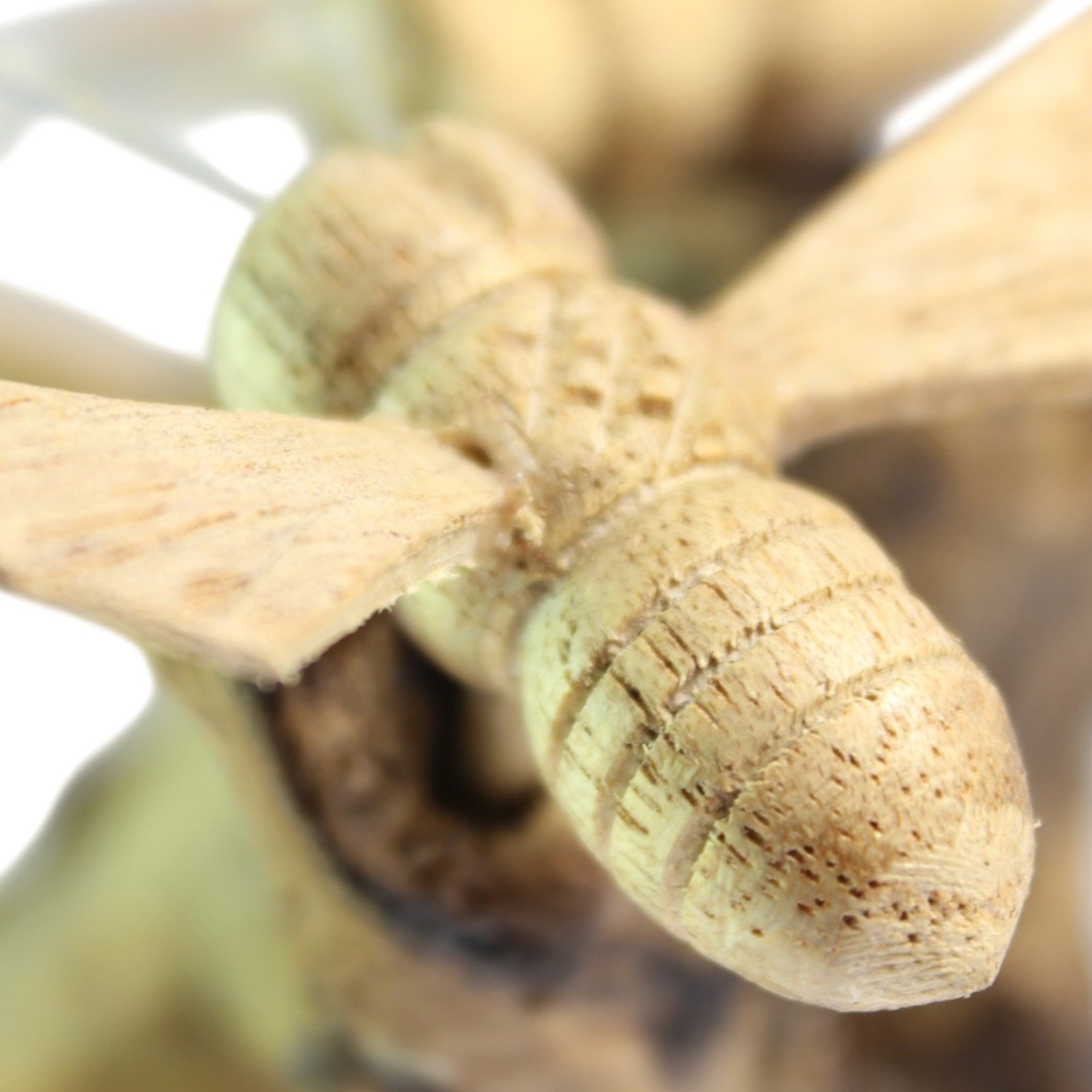 Macro view of carved wooden bee bodies showing hand-tooled ridge lines