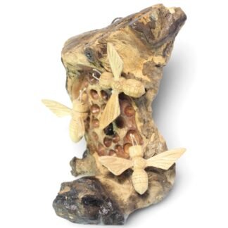 Hand-carved wooden bee trio on parasite wood honeycomb base, full front view