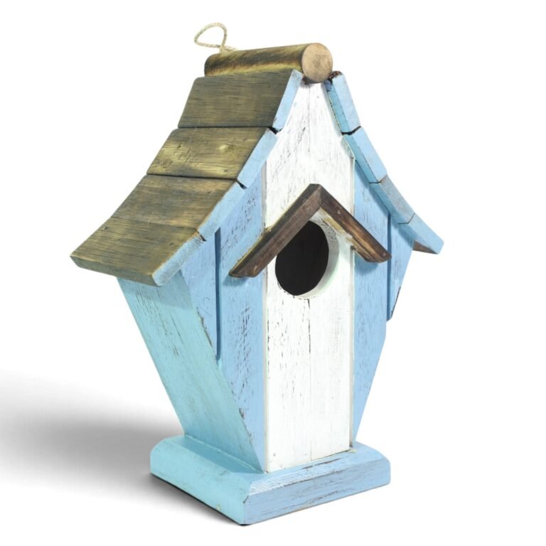 Hand-painted wooden bird fairy house in blue and white with steep wood-toned roof, angled view
