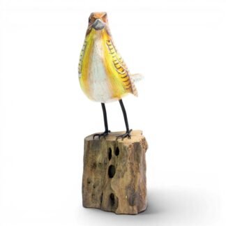 Hand-carved wooden bird figurine from Bali in golden-amber colorway with black barred wings, standing on wood base