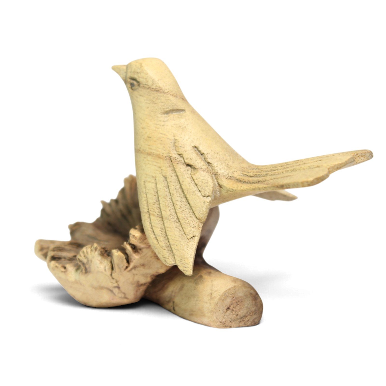 Rear view of the carved wooden bird showing tail feather detail and wood base