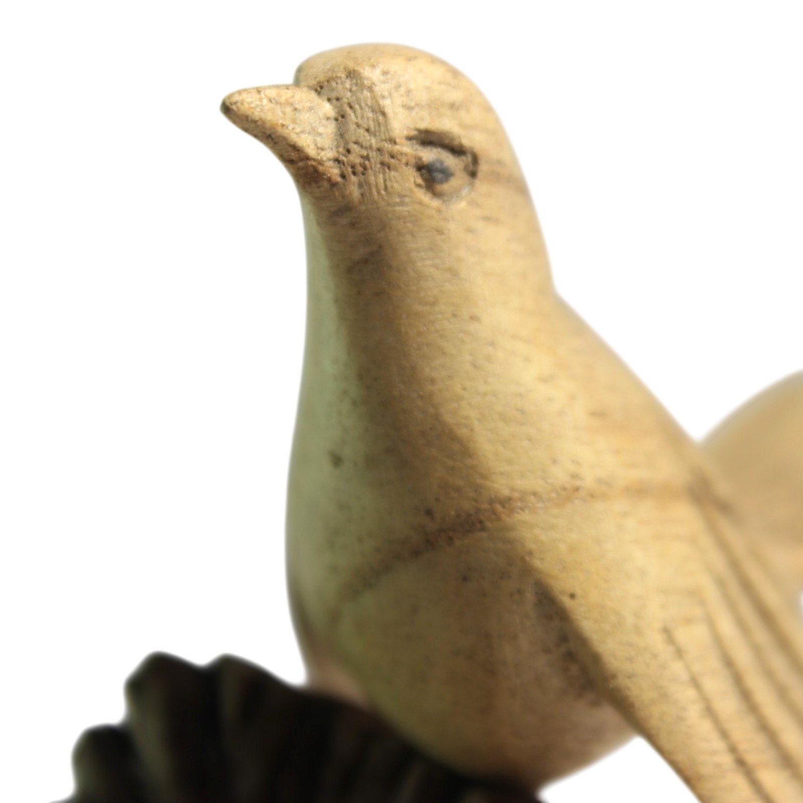 Close-up of the carved bird's head, beak, and eye detail