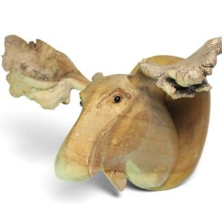 Hand-carved wooden deer head with parasite wood antlers, angled view showing full form