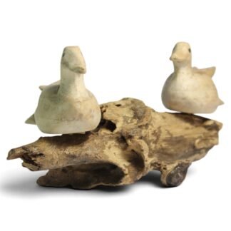 Two hand-carved wooden ducks facing opposite directions on a gnarled parasite wood base