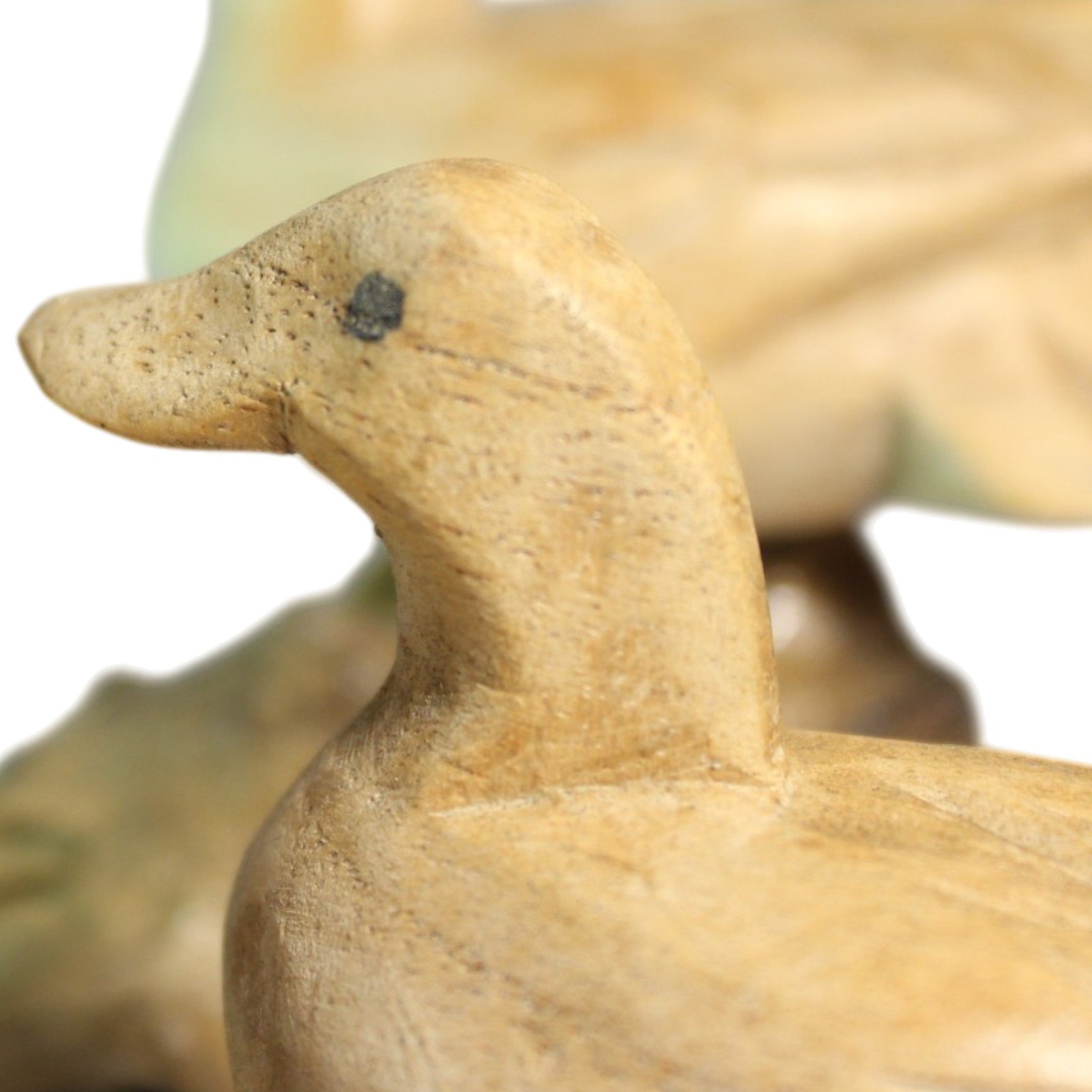 Macro shot of a duck's head showing the carved eye mark and beak detail
