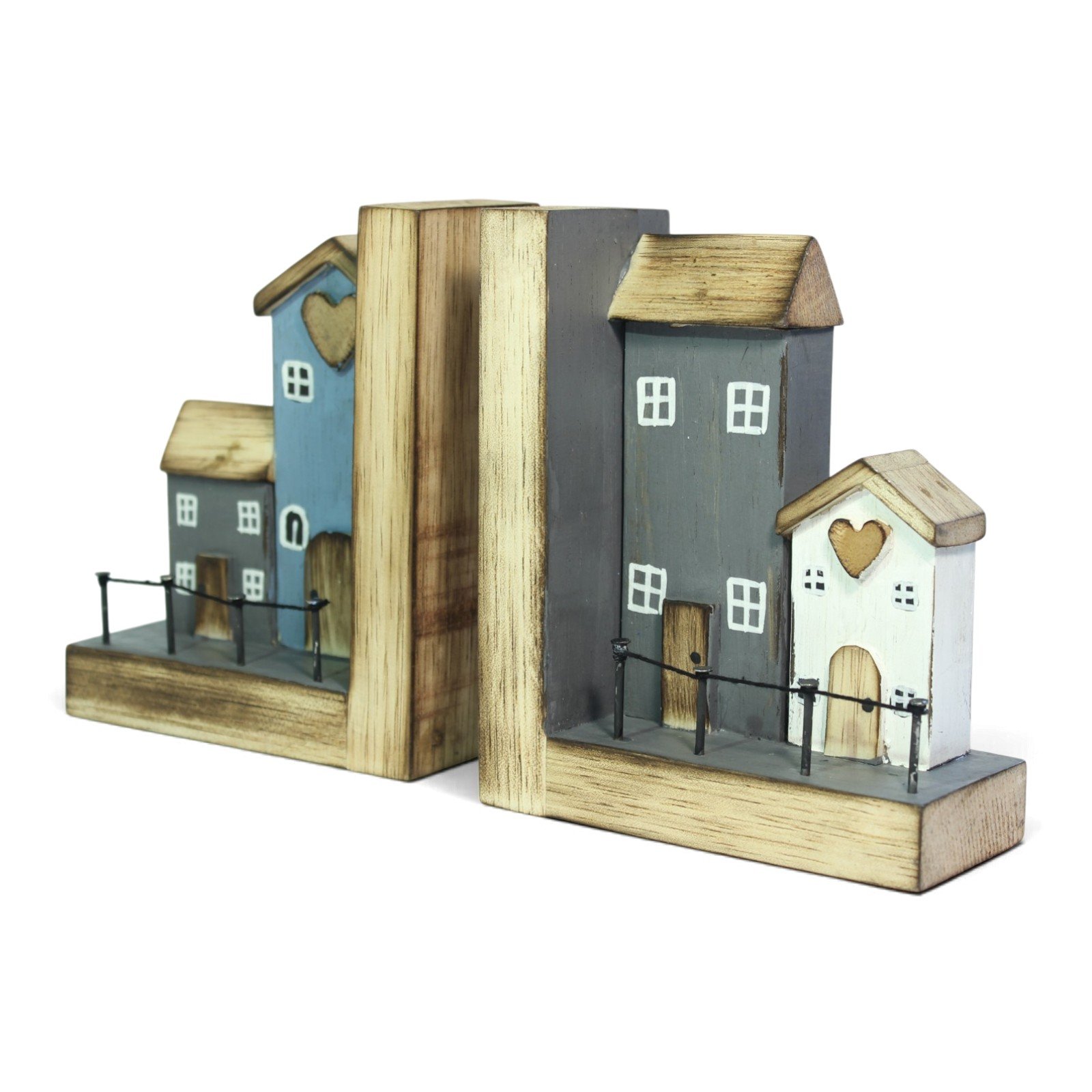 Angled view of wooden cottage bookends showing depth of the base and roof shapes