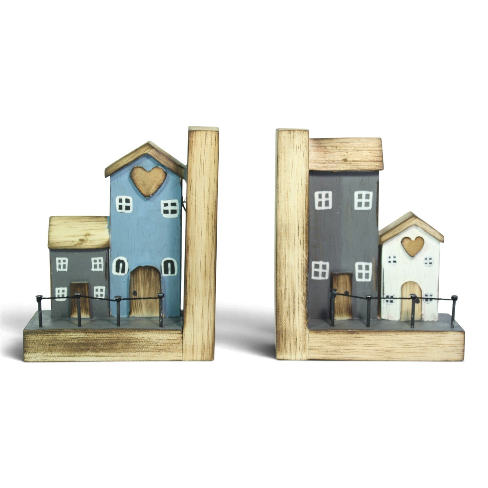 Two wooden cottage bookends side by side showing blue, grey and white painted houses with heart details