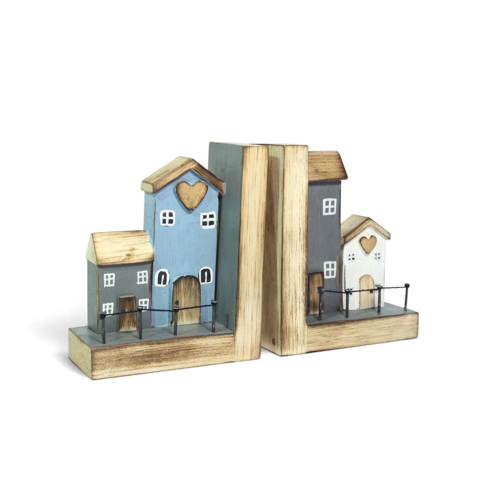 Wooden cottage bookends viewed from a slight side angle, showing painted windows and fences