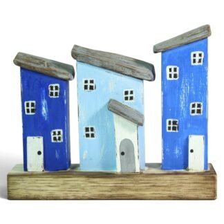 Front view of three hand-painted wooden houses in blue and light blue on a wood base