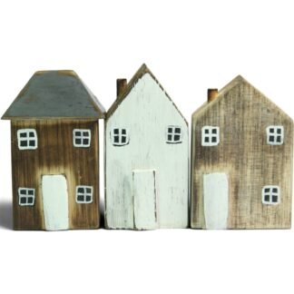 Three hand-carved wooden houses in a row, grey-roofed house on the left, front view