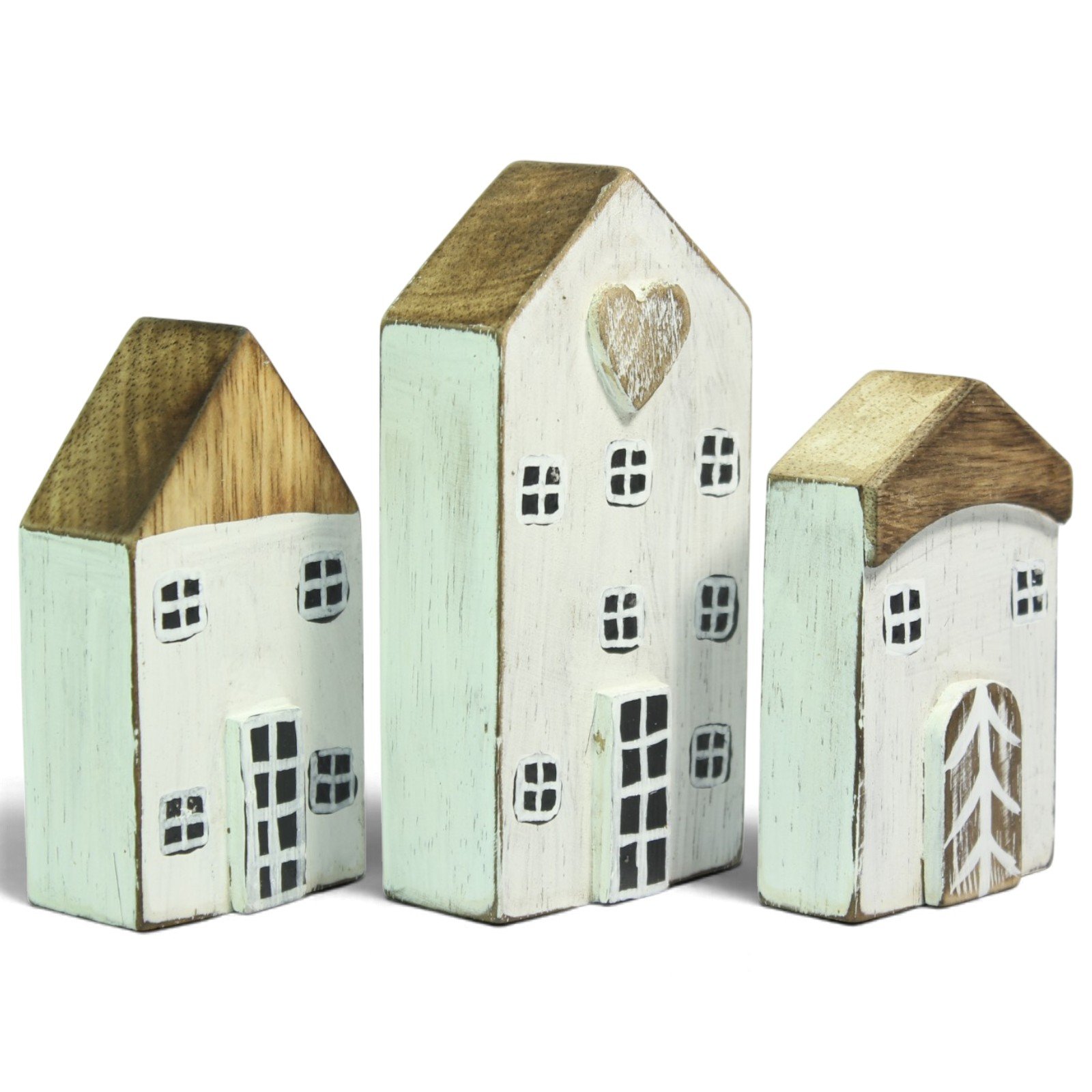 Angled view of three little wooden houses showing raw wood roof edges and side panels