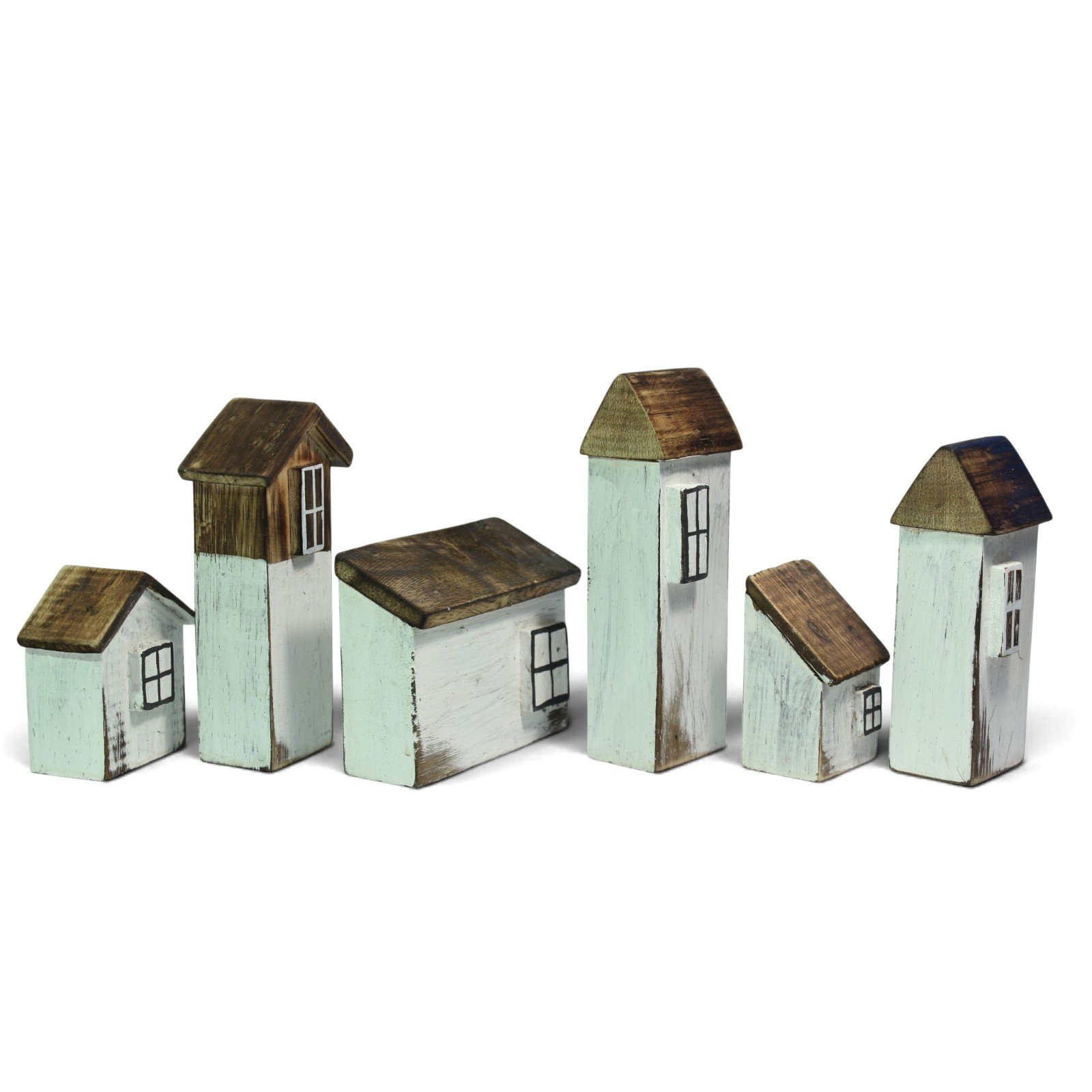 Six wooden houses of varying heights viewed from a slight angle showing side profiles