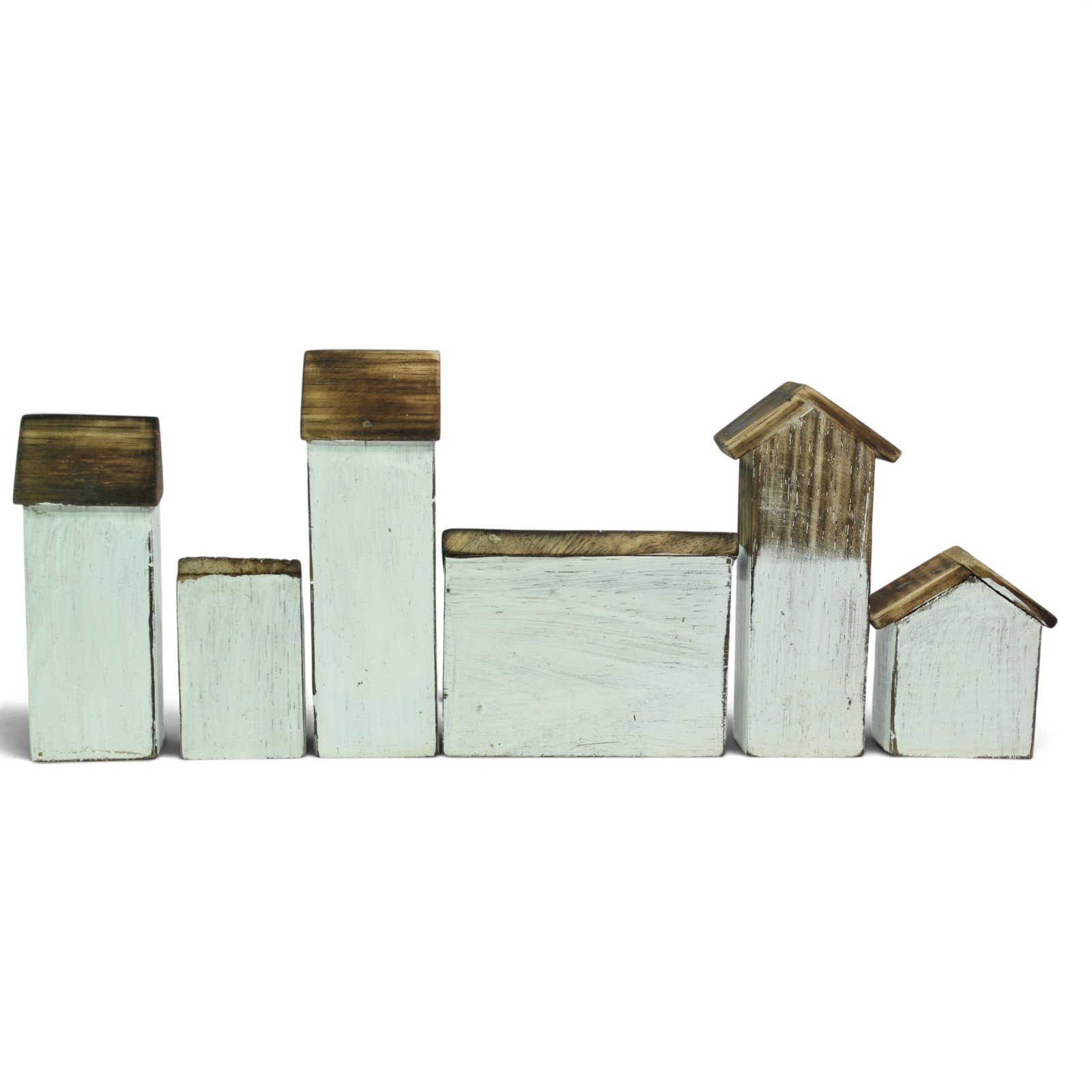 Back view of the wooden house set showing plain painted rear walls without windows