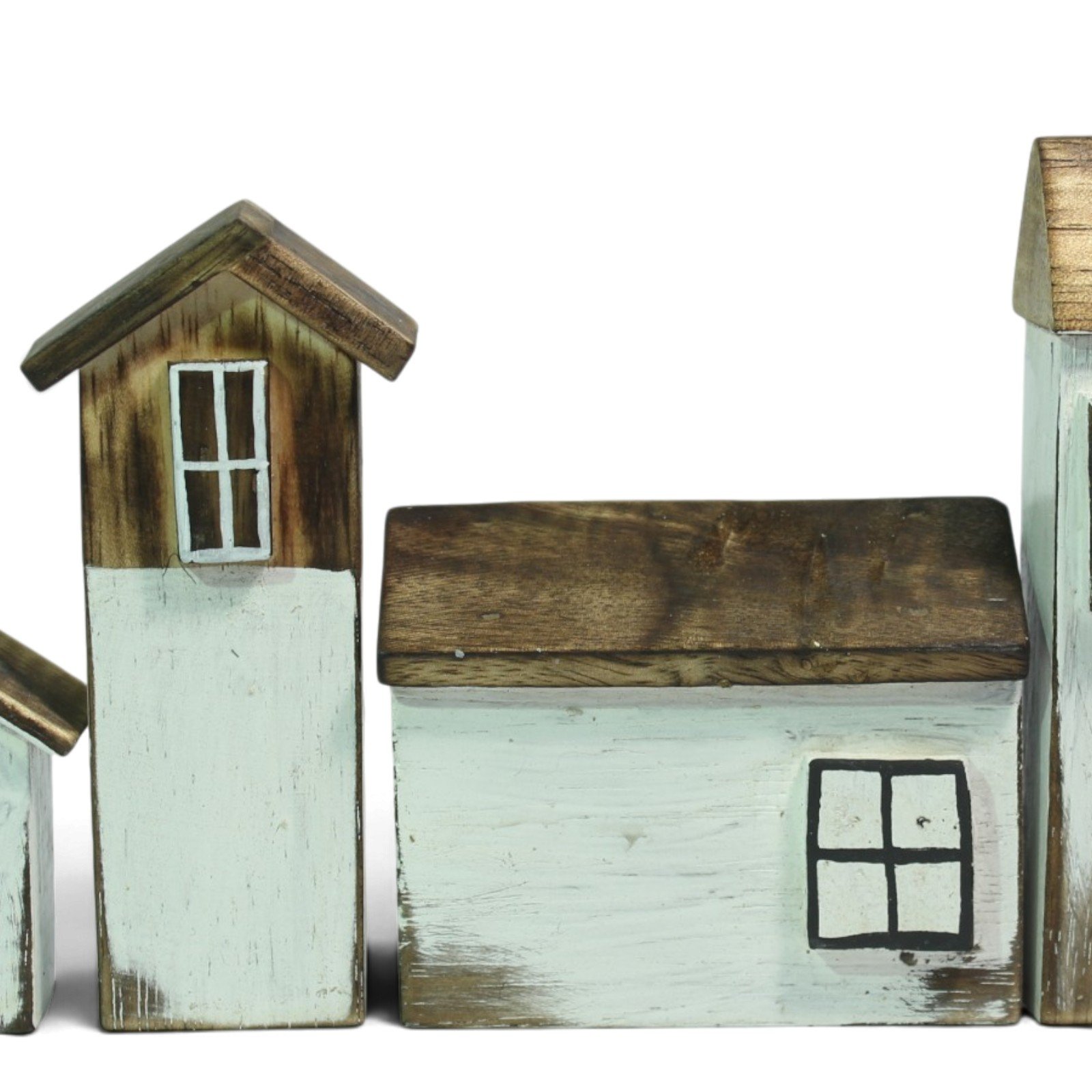 Close-up of three wooden houses showing hand-painted windows and distressed roof finish