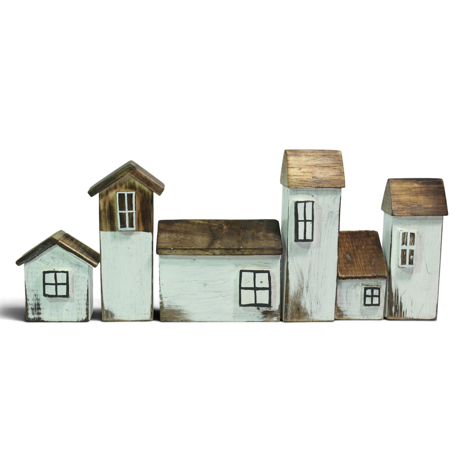 Set of six hand-carved wooden houses in white and natural wood tones, arranged in a row