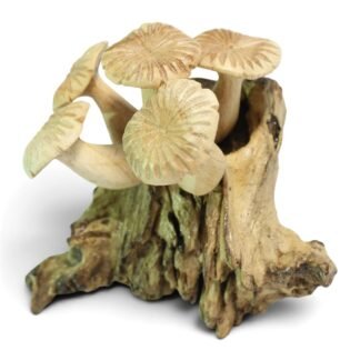 Hand-carved wooden mushroom cluster on a gnarled parasite wood base, front angled view