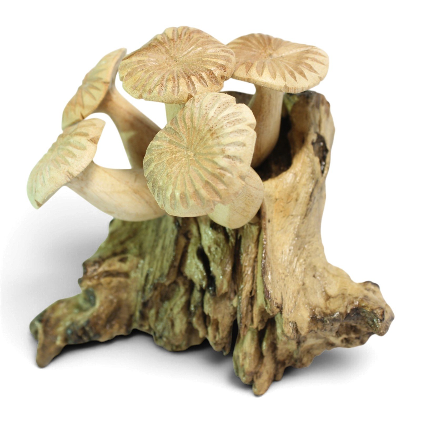 Hand-carved wooden mushroom cluster on a gnarled parasite wood base, front angled view