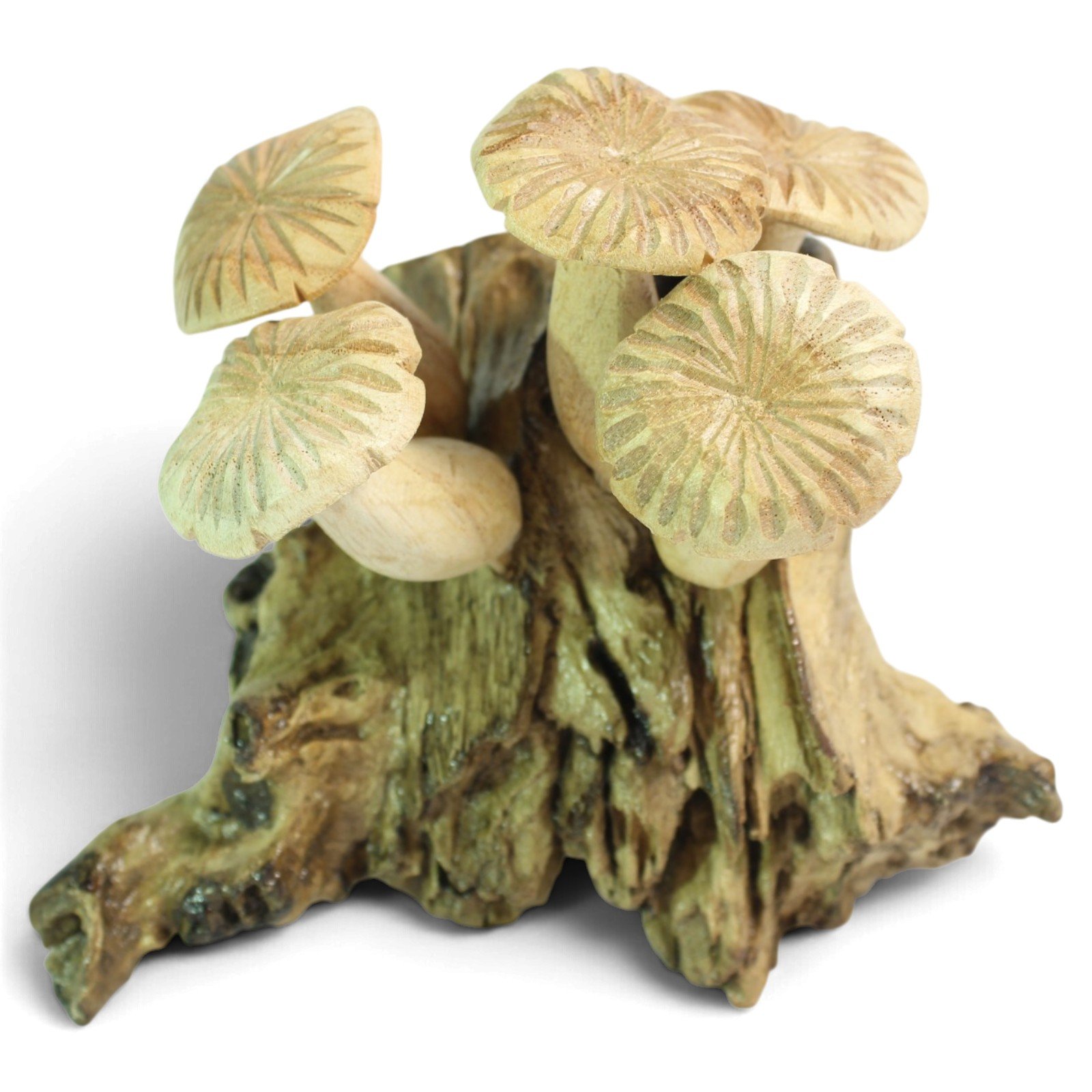 Wooden mushroom cluster carving showing the raw textured base and layered caps