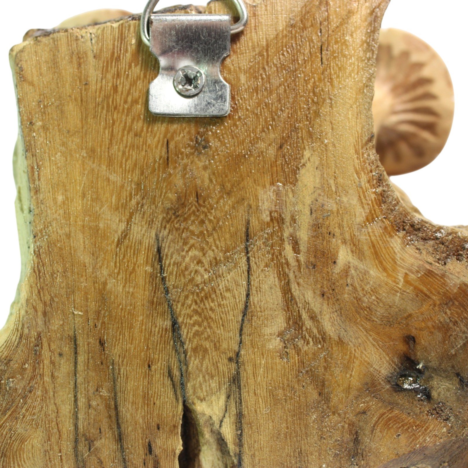 Close-up of the parasite wood grain with mounting hardware for wall hanging