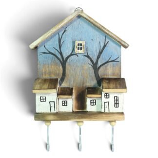Hand-painted wooden house key rack with tree design and three tiny cottages along the base