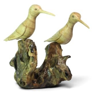 Two hand-carved wooden birds perched on a gnarled parasite wood base, front view