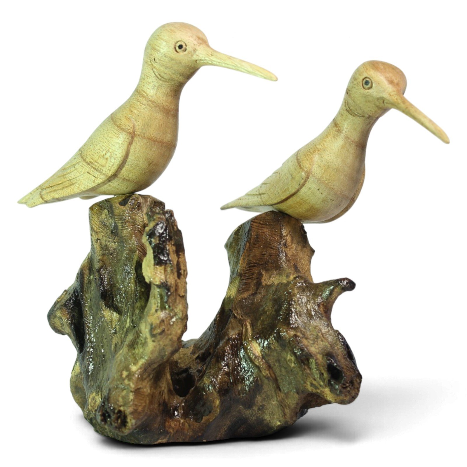 Two hand-carved wooden birds perched on a gnarled parasite wood base, front view
