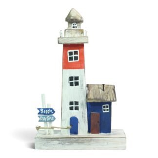 Hand-painted wooden lighthouse and blue beach house on a wood base with a small signpost