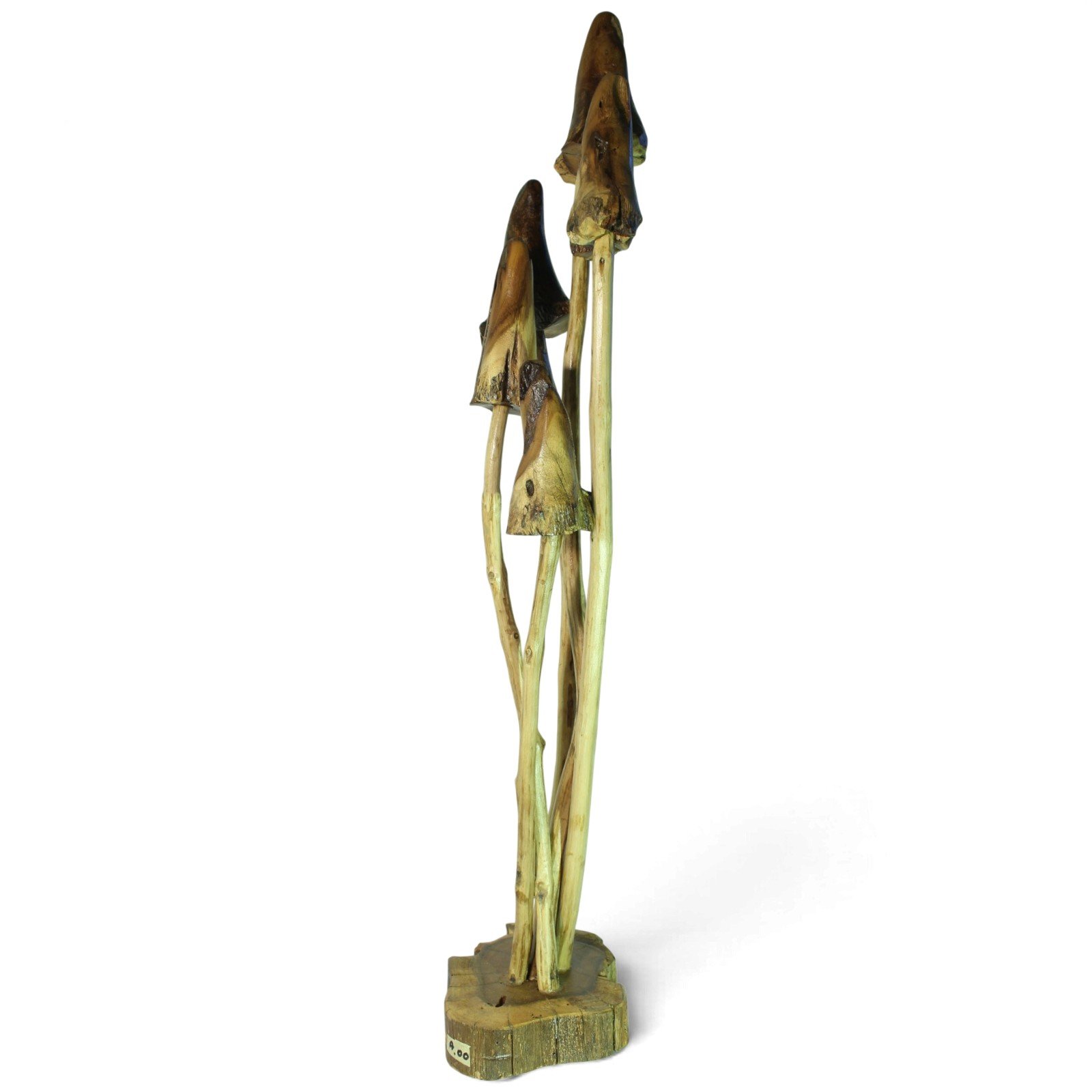 Full view of the hand-carved 65cm mushroom cluster on its wooden base