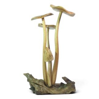 Hand-carved wooden mushroom cluster on a natural parasite wood base, front view