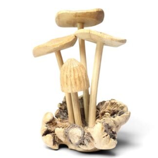 Hand-carved wooden mushroom cluster of four caps rising from a gnarled parasite wood base