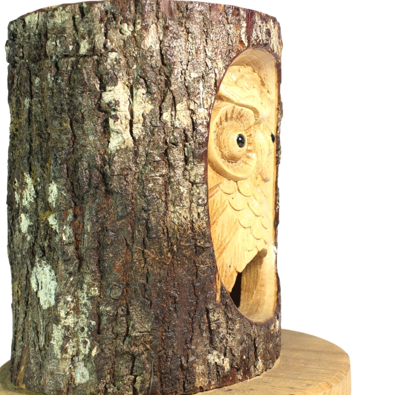 Owl carving shown from an angle, half bark and half painted owl face visible