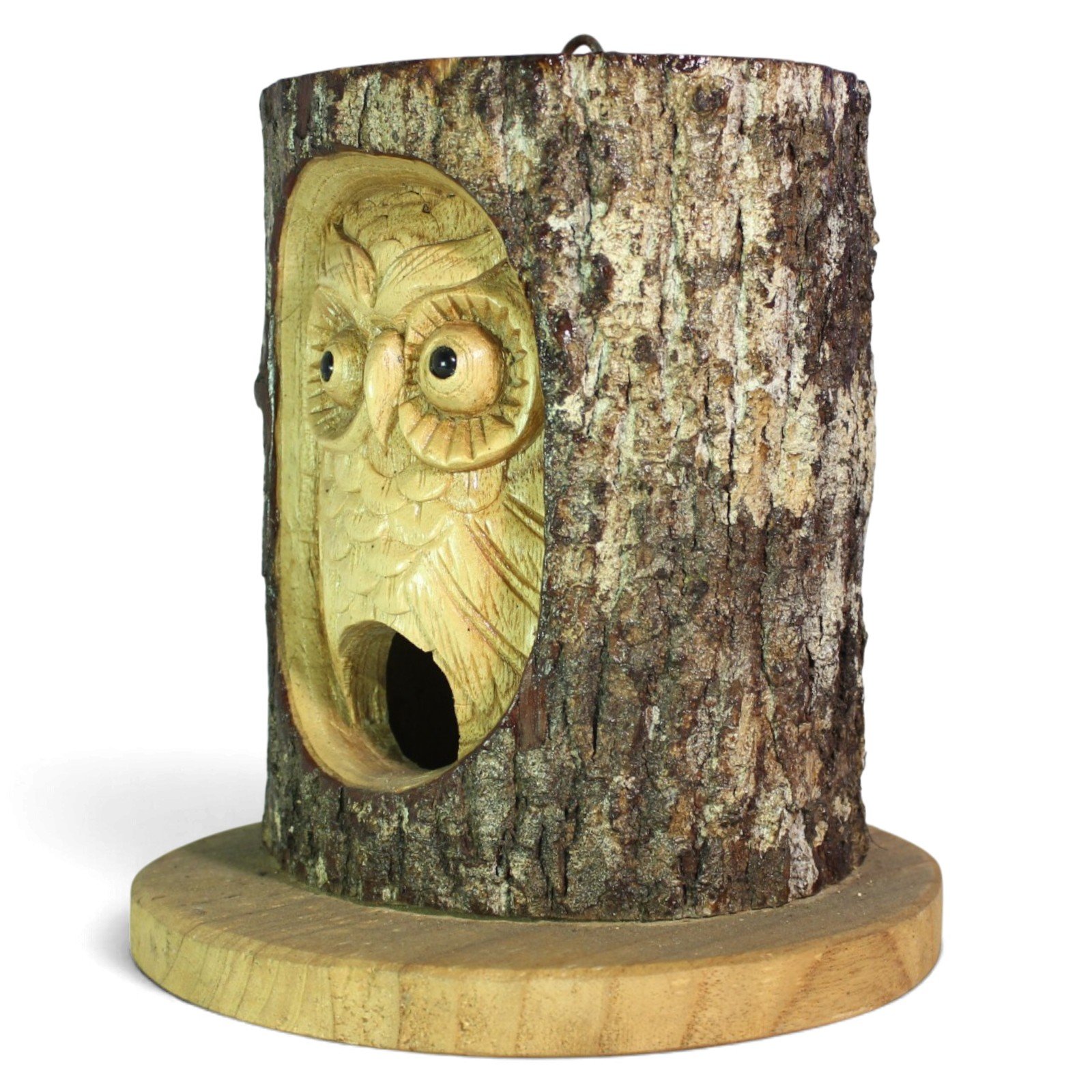 Owl carving shown from an angle, half bark and half painted owl face visible