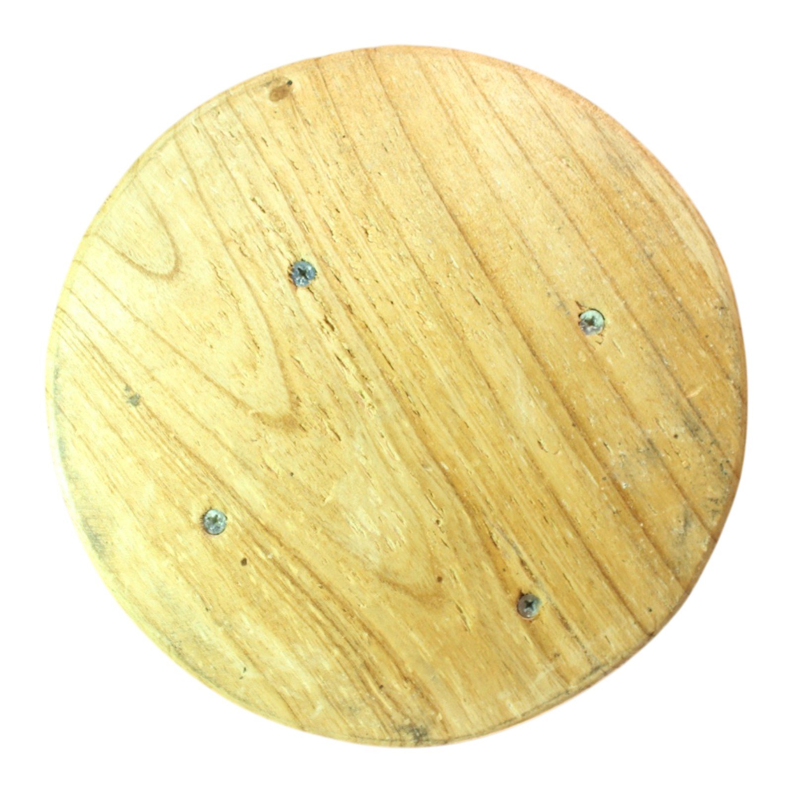 Underside of the round wooden base showing grain and mounting screws