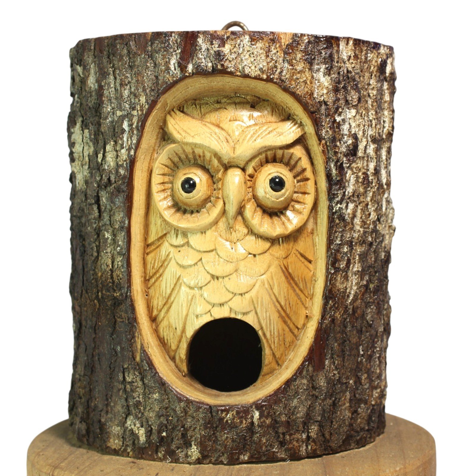 Hand-carved owl face set into a bark-covered parasite wood burl, front view