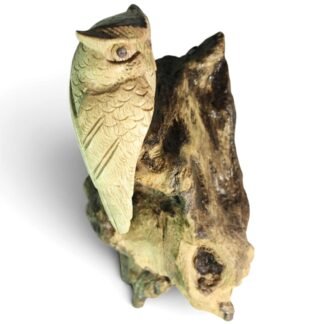 Hand-carved wooden owl perched on gnarled parasite wood base, front angle