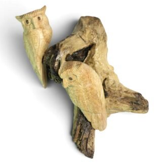 Hand-carved owl pair on parasite wood base, front-angled view showing both birds