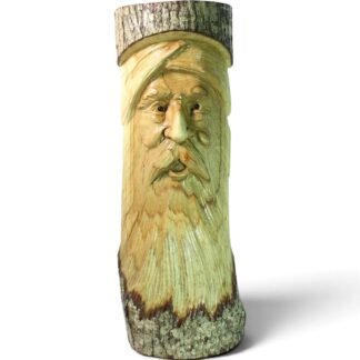 Front view of hand-carved wood spirit Santa face with bark top and base