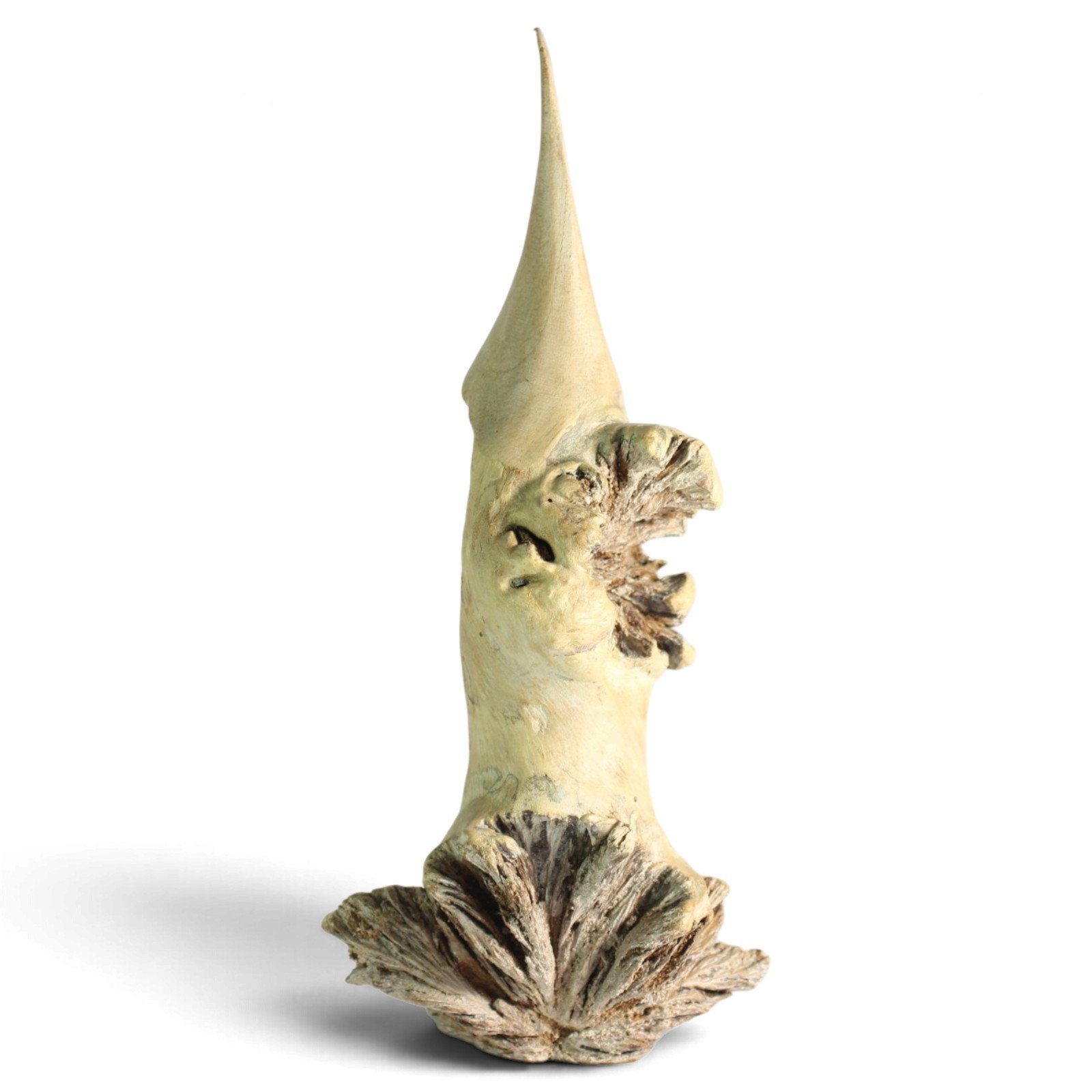 Hand-carved bearded gnome figure on a gnarled parasite wood base, full back view