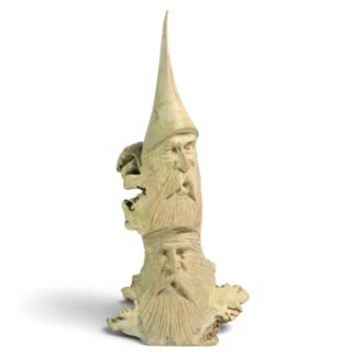 Hand-carved bearded gnome figure on a gnarled parasite wood base, full front view