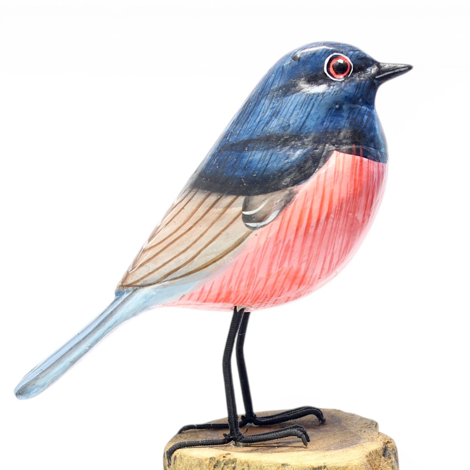 Close-up of hand-painted head and eye detail on wooden robin figurine
