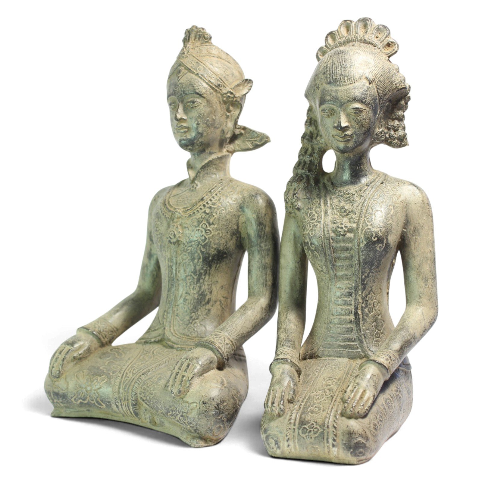 Closer angled view showing patina and costume detail on both figures