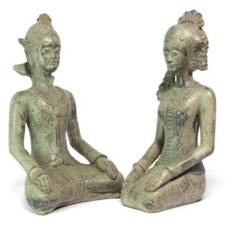 Javanese wedding couple resin statues facing each other in ceremonial dress
