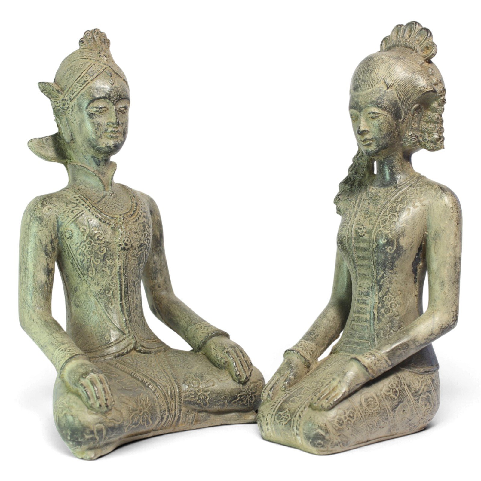 Javanese wedding couple resin statues facing each other in ceremonial dress